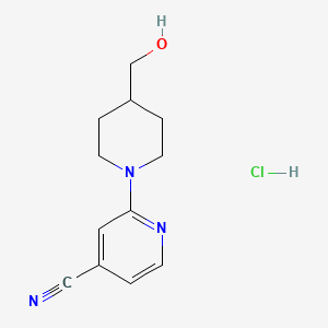 molecular formula C12H16ClN3O B2674109 2-(4-(Hydroxymethyl)piperidin-1-yl)isonicotinonitrile hydrochloride CAS No. 2034552-79-7