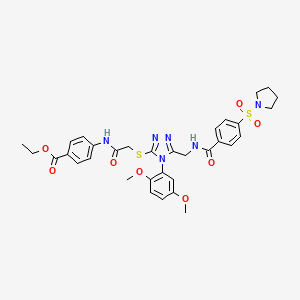 molecular formula C33H36N6O8S2 B2674263 ethyl 4-(2-((4-(2,5-dimethoxyphenyl)-5-((4-(pyrrolidin-1-ylsulfonyl)benzamido)methyl)-4H-1,2,4-triazol-3-yl)thio)acetamido)benzoate CAS No. 394231-10-8