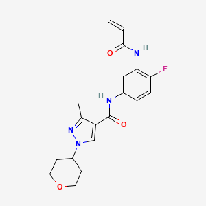 molecular formula C19H21FN4O3 B2674316 N-[4-Fluoro-3-(prop-2-enoylamino)phenyl]-3-methyl-1-(oxan-4-yl)pyrazole-4-carboxamide CAS No. 2361839-52-1