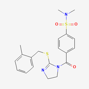 molecular formula C20H23N3O3S2 B2674369 N,N-dimethyl-4-(2-{[(2-methylphenyl)methyl]sulfanyl}-4,5-dihydro-1H-imidazole-1-carbonyl)benzene-1-sulfonamide CAS No. 851801-39-3