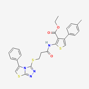molecular formula C27H24N4O3S3 B2674406 ETHYL 4-(4-METHYLPHENYL)-2-[3-({5-PHENYL-[1,2,4]TRIAZOLO[3,4-B][1,3]THIAZOL-3-YL}SULFANYL)PROPANAMIDO]THIOPHENE-3-CARBOXYLATE CAS No. 671199-83-0