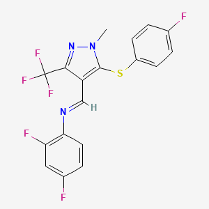 molecular formula C18H11F6N3S B2674418 N-(2,4-difluorophenyl)-N-{(E)-[5-[(4-fluorophenyl)sulfanyl]-1-methyl-3-(trifluoromethyl)-1H-pyrazol-4-yl]methylidene}amine CAS No. 477711-92-5