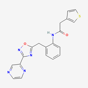 molecular formula C19H15N5O2S B2674430 N-(2-((3-(pyrazin-2-yl)-1,2,4-oxadiazol-5-yl)methyl)phenyl)-2-(thiophen-3-yl)acetamide CAS No. 2034472-40-5