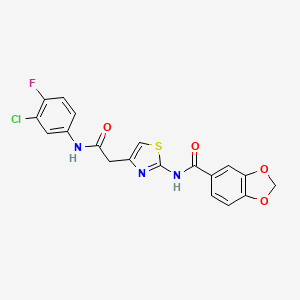 molecular formula C19H13ClFN3O4S B2674471 N-(4-(2-((3-chloro-4-fluorophenyl)amino)-2-oxoethyl)thiazol-2-yl)benzo[d][1,3]dioxole-5-carboxamide CAS No. 941943-62-0