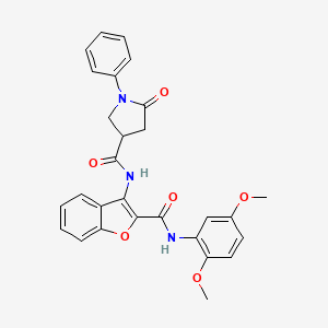 molecular formula C28H25N3O6 B2674631 N-(2-((2,5-dimethoxyphenyl)carbamoyl)benzofuran-3-yl)-5-oxo-1-phenylpyrrolidine-3-carboxamide CAS No. 872609-34-2