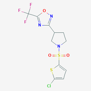molecular formula C11H9ClF3N3O3S2 B2674938 3-(1-((5-Chlorothiophen-2-yl)sulfonyl)pyrrolidin-3-yl)-5-(trifluoromethyl)-1,2,4-oxadiazole CAS No. 2034352-81-1