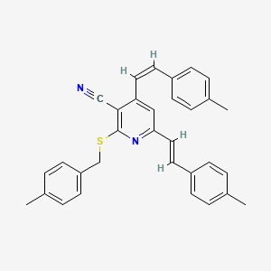 molecular formula C32H28N2S B2675037 2-[(4-Methylbenzyl)sulfanyl]-4,6-bis(4-methylstyryl)nicotinonitrile CAS No. 303985-50-4