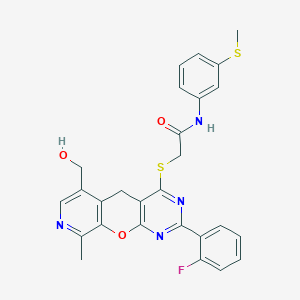molecular formula C27H23FN4O3S2 B2675151 2-[[5-(2-fluorophenyl)-11-(hydroxymethyl)-14-methyl-2-oxa-4,6,13-triazatricyclo[8.4.0.03,8]tetradeca-1(10),3(8),4,6,11,13-hexaen-7-yl]sulfanyl]-N-(3-methylsulfanylphenyl)acetamide CAS No. 892386-50-4