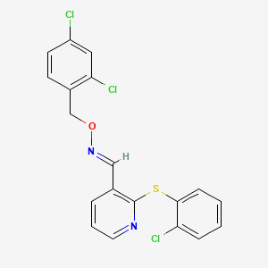 molecular formula C19H13Cl3N2OS B2675154 2-((2-Chlorophenyl)sulfanyl)nicotinaldehyde O-(2,4-dichlorobenzyl)oxime CAS No. 478031-12-8
