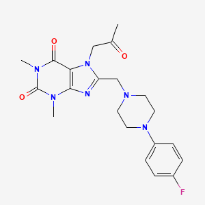 molecular formula C21H25FN6O3 B2675323 8-[[4-(4-Fluorophenyl)piperazin-1-yl]methyl]-1,3-dimethyl-7-(2-oxopropyl)purine-2,6-dione CAS No. 838887-81-3