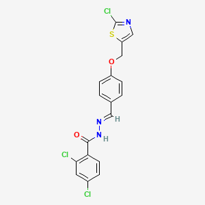 molecular formula C18H12Cl3N3O2S B2675338 2,4-dichloro-N'-((E)-{4-[(2-chloro-1,3-thiazol-5-yl)methoxy]phenyl}methylidene)benzenecarbohydrazide CAS No. 338393-58-1