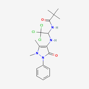 molecular formula C18H23Cl3N4O2 B2675351 2,2-dimethyl-N-{2,2,2-trichloro-1-[(1,5-dimethyl-3-oxo-2-phenyl-2,3-dihydro-1H-pyrazol-4-yl)amino]ethyl}propanamide CAS No. 302823-43-4