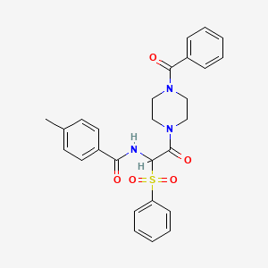 molecular formula C27H27N3O5S B2675359 N-[2-(4-Benzoylpiperazin-1-YL)-1-(benzenesulfonyl)-2-oxoethyl]-4-methylbenzamide CAS No. 1032172-02-3