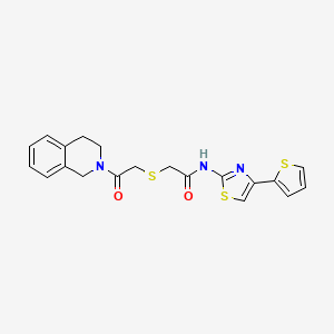 molecular formula C20H19N3O2S3 B2675382 2-((2-(3,4-二氢异喹啉-2(1H)-基)-2-氧代乙基)硫)-N-(4-(噻吩-2-基)噻唑-2-基)乙酰胺 CAS No. 681224-83-9