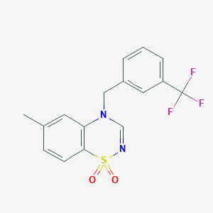 molecular formula C16H13F3N2O2S B2675388 6-methyl-4-[3-(trifluoromethyl)benzyl]-4H-1,2,4-benzothiadiazine 1,1-dioxide CAS No. 1029752-17-7