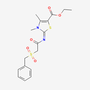 molecular formula C17H20N2O5S2 B2675417 (E)-ethyl 2-((2-(benzylsulfonyl)acetyl)imino)-3,4-dimethyl-2,3-dihydrothiazole-5-carboxylate CAS No. 1007027-09-9
