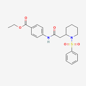 molecular formula C22H26N2O5S B2675438 Ethyl 4-(2-(1-(phenylsulfonyl)piperidin-2-yl)acetamido)benzoate CAS No. 1105235-09-3