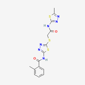 molecular formula C15H14N6O2S3 B2675441 2-methyl-N-(5-((2-((5-methyl-1,3,4-thiadiazol-2-yl)amino)-2-oxoethyl)thio)-1,3,4-thiadiazol-2-yl)benzamide CAS No. 392319-02-7