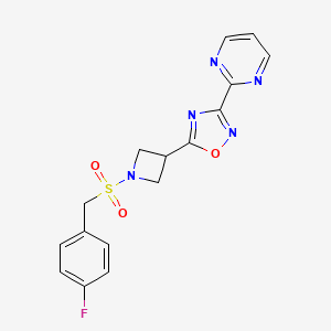 molecular formula C16H14FN5O3S B2675442 5-(1-((4-Fluorobenzyl)sulfonyl)azetidin-3-yl)-3-(pyrimidin-2-yl)-1,2,4-oxadiazole CAS No. 1324506-28-6