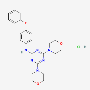 molecular formula C23H27ClN6O3 B2675474 4,6-dimorpholino-N-(4-phenoxyphenyl)-1,3,5-triazin-2-amine hydrochloride CAS No. 1179420-56-4