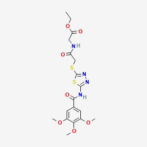 molecular formula C18H22N4O7S2 B2675540 Ethyl 2-(2-((5-(3,4,5-trimethoxybenzamido)-1,3,4-thiadiazol-2-yl)thio)acetamido)acetate CAS No. 893150-04-4