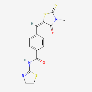 (E)-4-((3-methyl-4-oxo-2-thioxothiazolidin-5-ylidene)methyl)-N-(thiazol-2-yl)benzamide