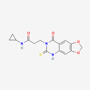molecular formula C15H15N3O4S B2675753 N-CYCLOPROPYL-3-[8-OXO-6-THIOXO-5,8-DIHYDRO[1,3]DIOXOLO[4,5-G]QUINAZOLIN-7(6H)-YL]PROPANAMIDE CAS No. 688055-26-7