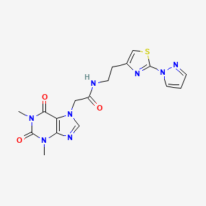 molecular formula C17H18N8O3S B2675780 N-(2-(2-(1H-pyrazol-1-yl)thiazol-4-yl)ethyl)-2-(1,3-dimethyl-2,6-dioxo-2,3-dihydro-1H-purin-7(6H)-yl)acetamide CAS No. 1428371-98-5