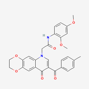 molecular formula C29H26N2O7 B2675849 N-(2,4-dimethoxyphenyl)-2-[8-(4-methylbenzoyl)-9-oxo-2H,3H,6H,9H-[1,4]dioxino[2,3-g]quinolin-6-yl]acetamide CAS No. 902292-76-6