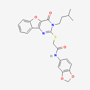 molecular formula C24H23N3O5S B2675918 N-(1,3-benzodioxol-5-yl)-2-{[3-(3-methylbutyl)-4-oxo-3,4-dihydro[1]benzofuro[3,2-d]pyrimidin-2-yl]sulfanyl}acetamide CAS No. 899755-48-7