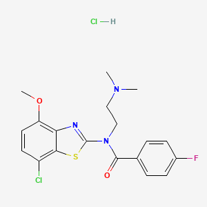 molecular formula C19H20Cl2FN3O2S B2675922 N-(7-CHLORO-4-METHOXY-1,3-BENZOTHIAZOL-2-YL)-N-[2-(DIMETHYLAMINO)ETHYL]-4-FLUOROBENZAMIDE HYDROCHLORIDE CAS No. 1329626-70-1