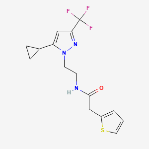 molecular formula C15H16F3N3OS B2676007 N-(2-(5-cyclopropyl-3-(trifluoromethyl)-1H-pyrazol-1-yl)ethyl)-2-(thiophen-2-yl)acetamide CAS No. 1797674-82-8