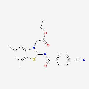 molecular formula C21H19N3O3S B2676053 ethyl 2-[(2Z)-2-[(4-cyanobenzoyl)imino]-5,7-dimethyl-2,3-dihydro-1,3-benzothiazol-3-yl]acetate CAS No. 868675-06-3