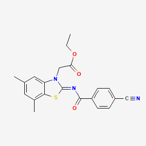 Ethyl 2-[2-(4-cyanobenzoyl)imino-5,7-dimethyl-1,3-benzothiazol-3-yl]acetate
