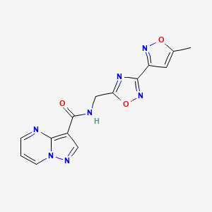 molecular formula C14H11N7O3 B2676131 N-((3-(5-methylisoxazol-3-yl)-1,2,4-oxadiazol-5-yl)methyl)pyrazolo[1,5-a]pyrimidine-3-carboxamide CAS No. 2034420-00-1