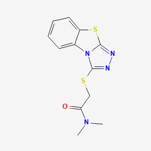 molecular formula C12H12N4OS2 B2676300 N,N-dimethyl-2-{7-thia-2,4,5-triazatricyclo[6.4.0.0^{2,6}]dodeca-1(8),3,5,9,11-pentaen-3-ylsulfanyl}acetamide CAS No. 501349-24-2