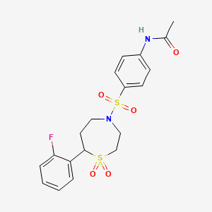 molecular formula C19H21FN2O5S2 B2676458 N-(4-((7-(2-fluorophenyl)-1,1-dioxido-1,4-thiazepan-4-yl)sulfonyl)phenyl)acetamide CAS No. 2034530-30-6