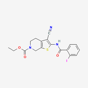 molecular formula C18H16IN3O3S B2676499 ethyl 3-cyano-2-(2-iodobenzamido)-4,5-dihydrothieno[2,3-c]pyridine-6(7H)-carboxylate CAS No. 864927-13-9