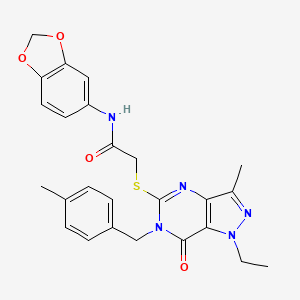 molecular formula C25H25N5O4S B2676714 N-(2H-1,3-benzodioxol-5-yl)-2-({1-ethyl-3-methyl-6-[(4-methylphenyl)methyl]-7-oxo-1H,6H,7H-pyrazolo[4,3-d]pyrimidin-5-yl}sulfanyl)acetamide CAS No. 1358233-91-6