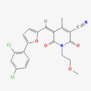 molecular formula C21H16Cl2N2O4 B2676796 (5Z)-5-{[5-(2,4-dichlorophenyl)furan-2-yl]methylidene}-1-(2-methoxyethyl)-4-methyl-2,6-dioxo-1,2,5,6-tetrahydropyridine-3-carbonitrile CAS No. 880399-91-7