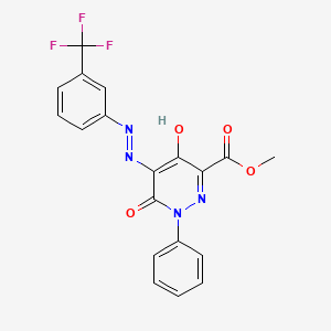 molecular formula C19H13F3N4O4 B2676864 Methyl 4-hydroxy-6-oxo-1-phenyl-5-{2-[3-(trifluoromethyl)phenyl]diazenyl}-1,6-dihydro-3-pyridazinecarboxylate CAS No. 338405-32-6