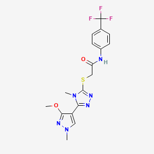 molecular formula C17H17F3N6O2S B2676866 2-((5-(3-甲氧基-1-甲基-1H-吡唑-4-基)-4-甲基-4H-1,2,4-三唑-3-基)硫)-N-(4-(三氟甲基)苯基)乙酰胺 CAS No. 1014053-21-4