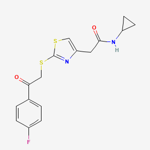 molecular formula C16H15FN2O2S2 B2677043 N-cyclopropyl-2-(2-((2-(4-fluorophenyl)-2-oxoethyl)thio)thiazol-4-yl)acetamide CAS No. 1021035-03-9
