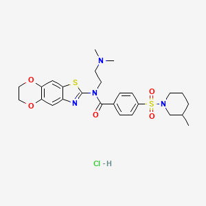 molecular formula C26H33ClN4O5S2 B2677048 N-(6,7-dihydro-[1,4]dioxino[2,3-f][1,3]benzothiazol-2-yl)-N-[2-(dimethylamino)ethyl]-4-(3-methylpiperidin-1-yl)sulfonylbenzamide;hydrochloride CAS No. 1321686-99-0