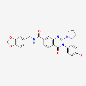 molecular formula C27H23FN4O4 B2677256 N-[(2H-1,3-benzodioxol-5-yl)methyl]-3-(4-fluorophenyl)-4-oxo-2-(pyrrolidin-1-yl)-3,4-dihydroquinazoline-7-carboxamide CAS No. 1251560-98-1