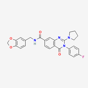 B2677256 N-(1,3-benzodioxol-5-ylmethyl)-3-(4-fluorophenyl)-4-oxo-2-pyrrolidin-1-yl-3,4-dihydroquinazoline-7-carboxamide CAS No. 1251560-98-1