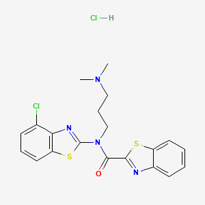 molecular formula C20H20Cl2N4OS2 B2677360 N-(4-CHLORO-1,3-BENZOTHIAZOL-2-YL)-N-[3-(DIMETHYLAMINO)PROPYL]-1,3-BENZOTHIAZOLE-2-CARBOXAMIDE HYDROCHLORIDE CAS No. 1215828-68-4