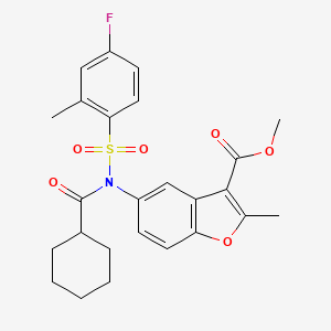 molecular formula C25H26FNO6S B2677414 methyl 5-(N-((4-fluoro-2-methylphenyl)sulfonyl)cyclohexanecarboxamido)-2-methylbenzofuran-3-carboxylate CAS No. 865614-14-8