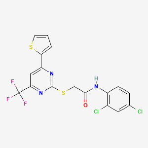 molecular formula C17H10Cl2F3N3OS2 B2677435 N-(2,4-dichlorophenyl)-2-{[4-(thiophen-2-yl)-6-(trifluoromethyl)pyrimidin-2-yl]sulfanyl}acetamide CAS No. 505054-03-5