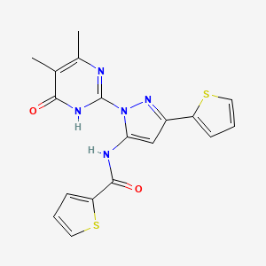 molecular formula C18H15N5O2S2 B2677560 N-(1-(4,5-dimethyl-6-oxo-1,6-dihydropyrimidin-2-yl)-3-(thiophen-2-yl)-1H-pyrazol-5-yl)thiophene-2-carboxamide CAS No. 1173262-37-7